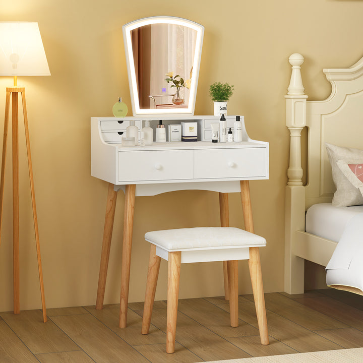 Dressing Table and Chair Set with 3 Lighting Modes and Natural Pine Wood Legs-White - TidySpaces
