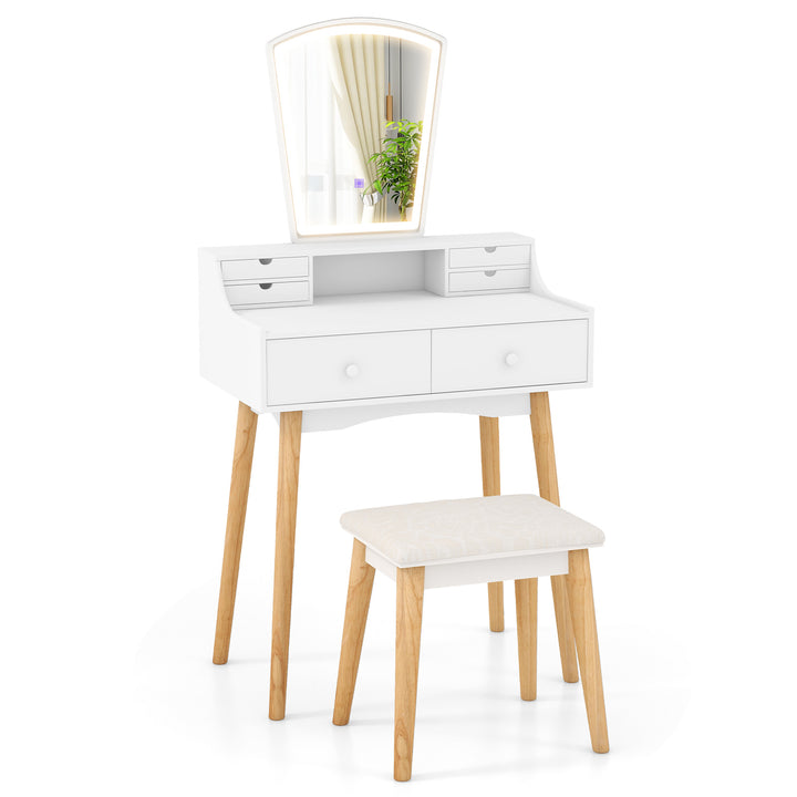Dressing Table and Chair Set with 3 Lighting Modes and Natural Pine Wood Legs-White - TidySpaces