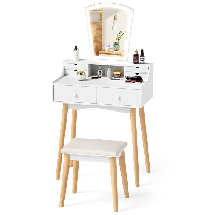Dressing Table and Chair Set with 3 Lighting Modes and Natural Pine Wood Legs-White - TidySpaces