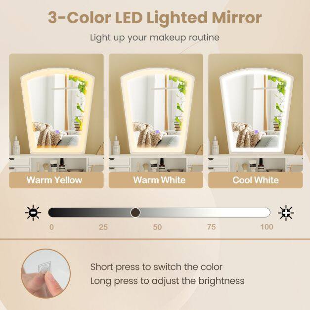 Dressing Table and Chair Set with 3 Lighting Modes and Natural Pine Wood Legs-White