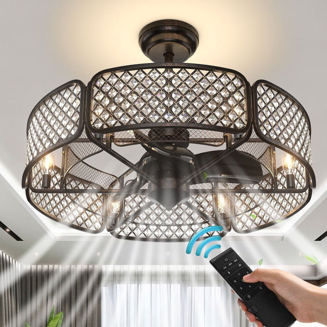 Caged Crystal Ceiling Fan Light with 6 Gear Speeds and 3 Fan Blades-Coffee - TidySpaces