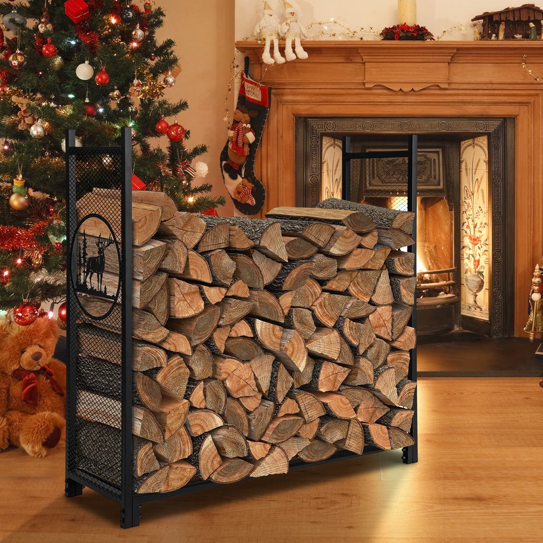Firewood Rack Stand with Mesh Sides and Deer Tree Patterns - TidySpaces