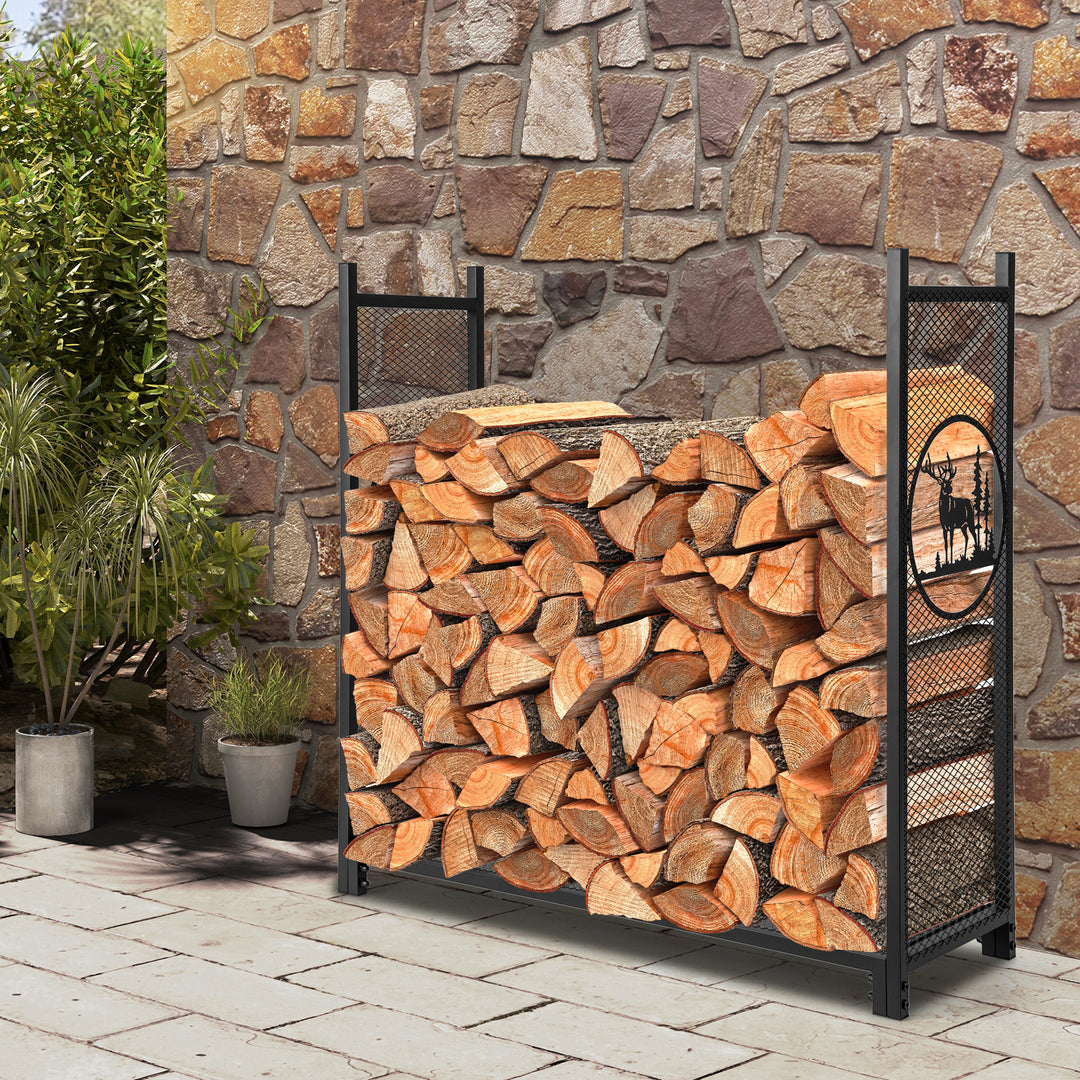 Firewood Rack Stand with Mesh Sides and Deer Tree Patterns - TidySpaces