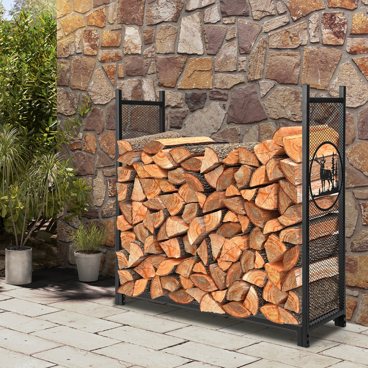 Firewood Rack Stand with Mesh Sides and Deer Tree Patterns - TidySpaces