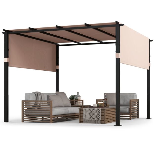 305 x 305 cm Flat Top Pergola with Retractable Canopy and Heavy-duty Metal Frame Beige - TidySpaces