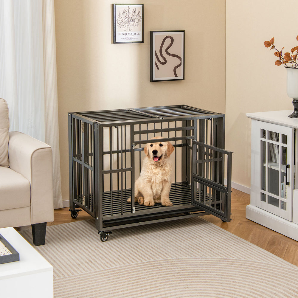 Foldable Metal Dog Cage Chew-proof Dog Crate with Lockable Universal Wheels - TidySpaces