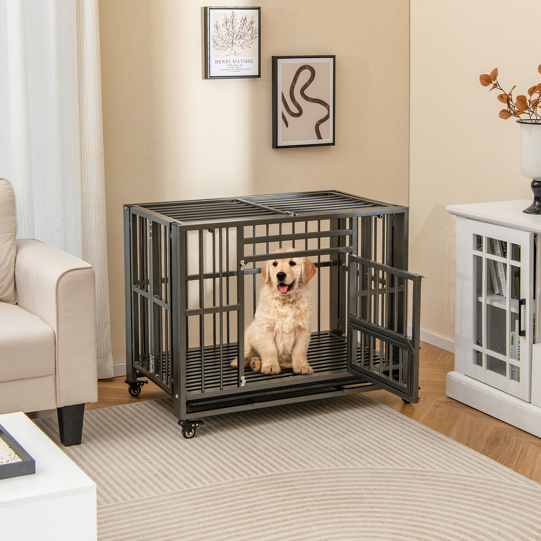 Foldable Metal Dog Cage Chew-proof Dog Crate with Lockable Universal Wheels - TidySpaces