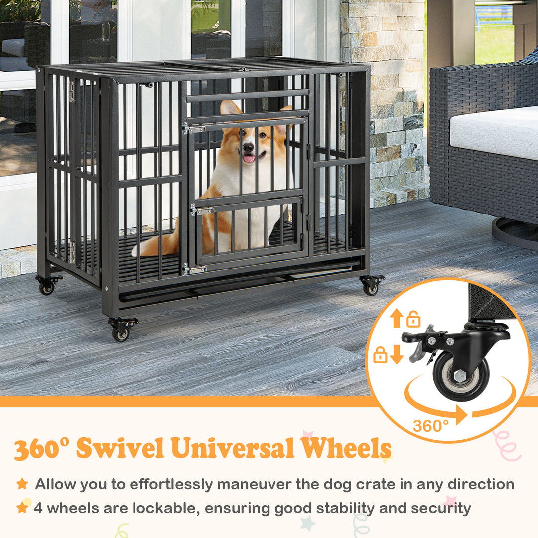 Foldable Metal Dog Cage Chew-proof Dog Crate with Lockable Universal Wheels - TidySpaces