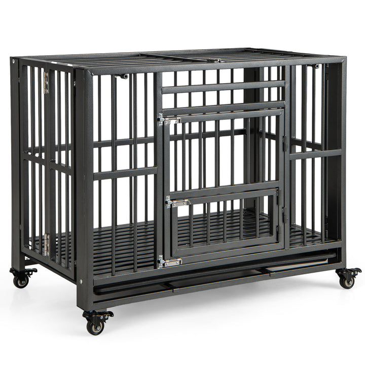 Foldable Metal Dog Cage Chew-proof Dog Crate with Lockable Universal Wheels - TidySpaces
