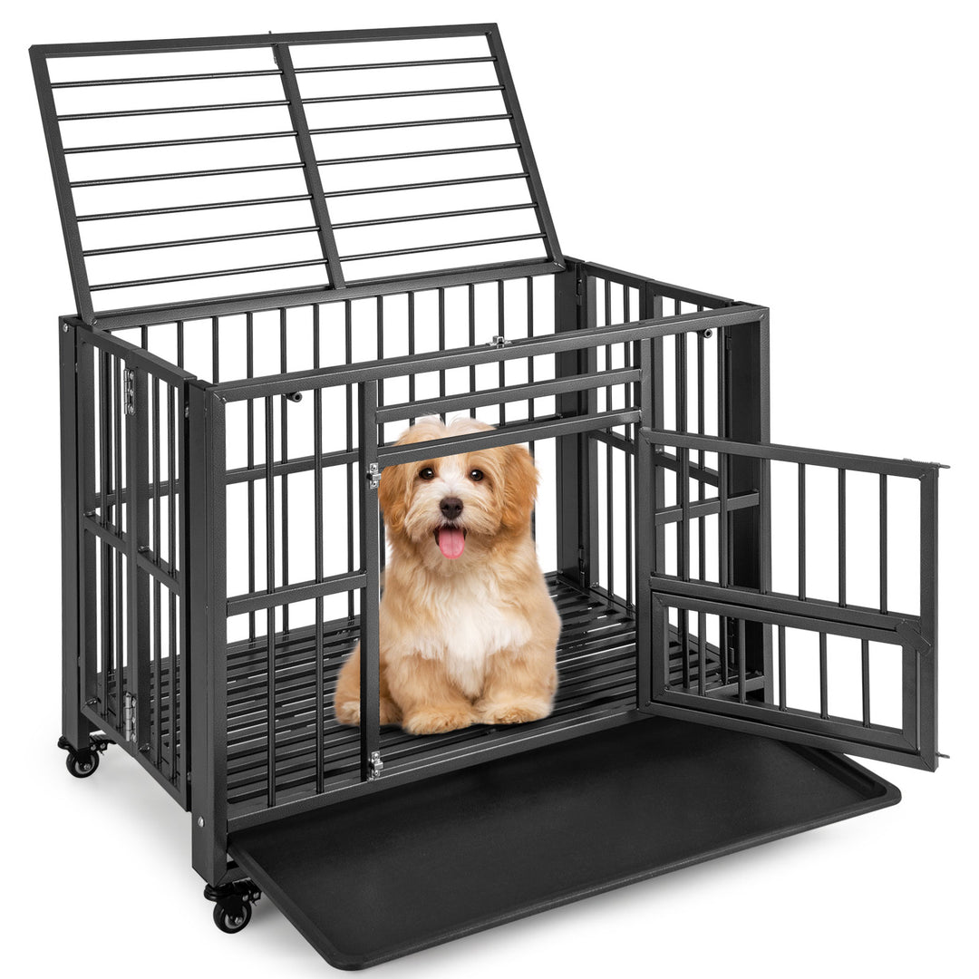 Foldable Metal Dog Cage Chew-proof Dog Crate with Lockable Universal Wheels - TidySpaces