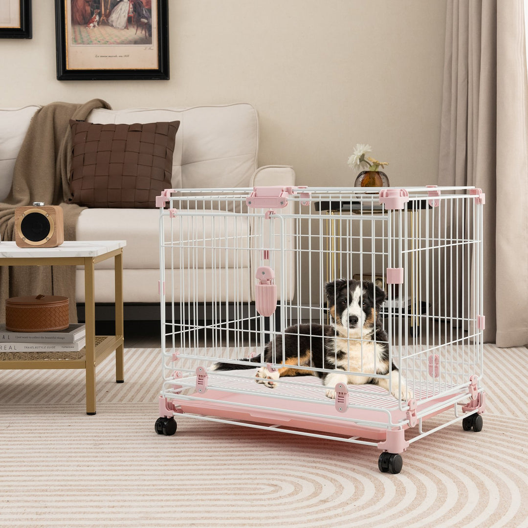 Folding Dog Kennel with Double Lockable Door and Wheels - TidySpaces