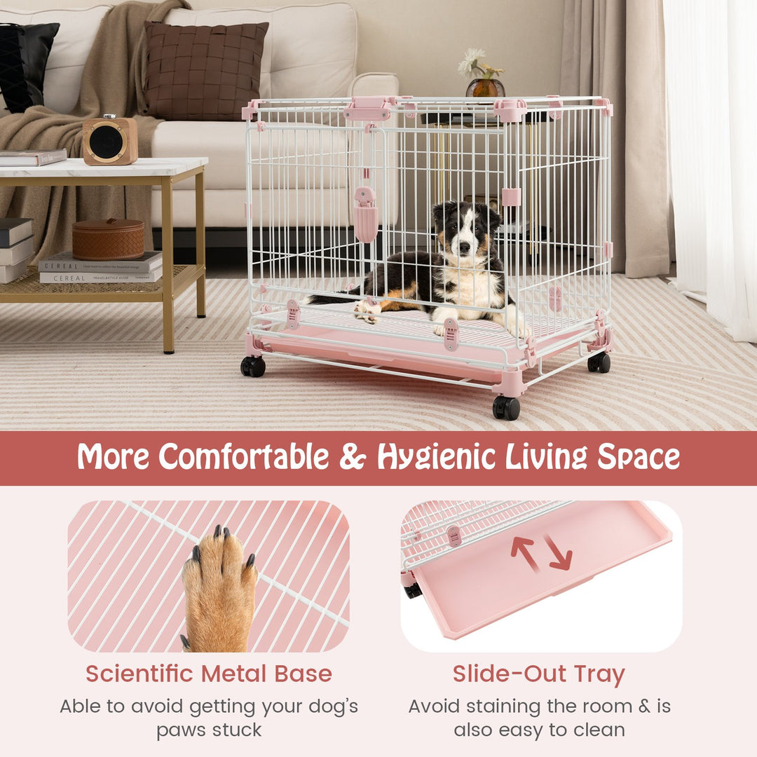 Folding Dog Kennel with Double Lockable Door and Wheels - TidySpaces