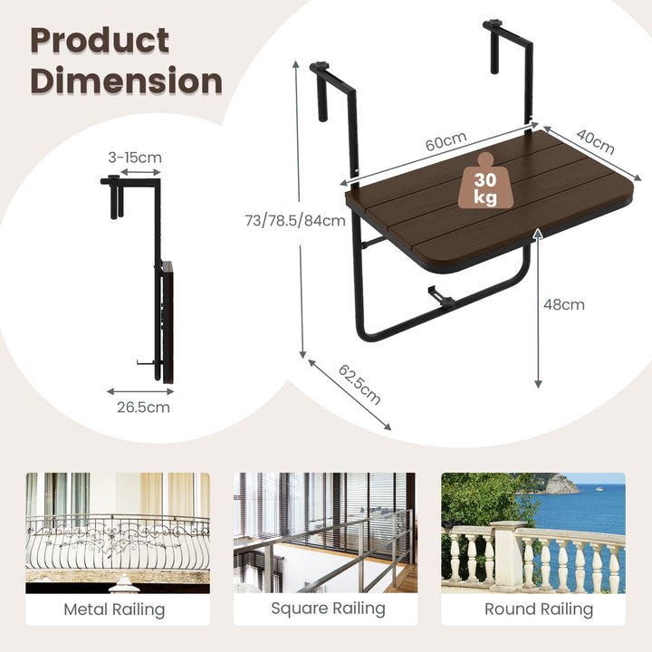 Folding Railing Table with 3 Level Adjustable Height for Patio - TidySpaces