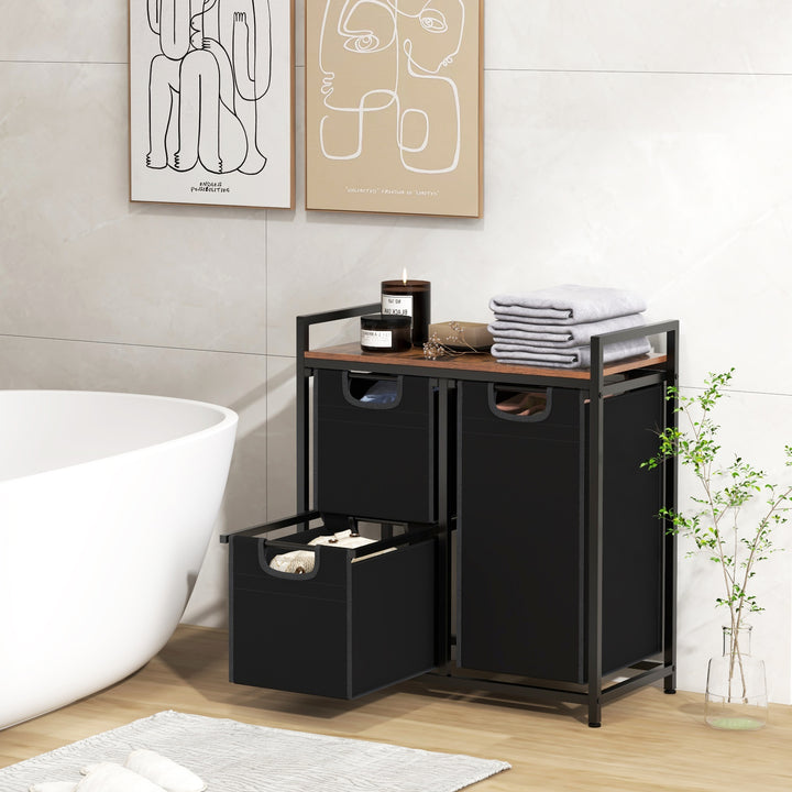 Freestanding Laundry Hamper Laundry Basket with 3 Pull-Out Bags-Black & Brown - TidySpaces