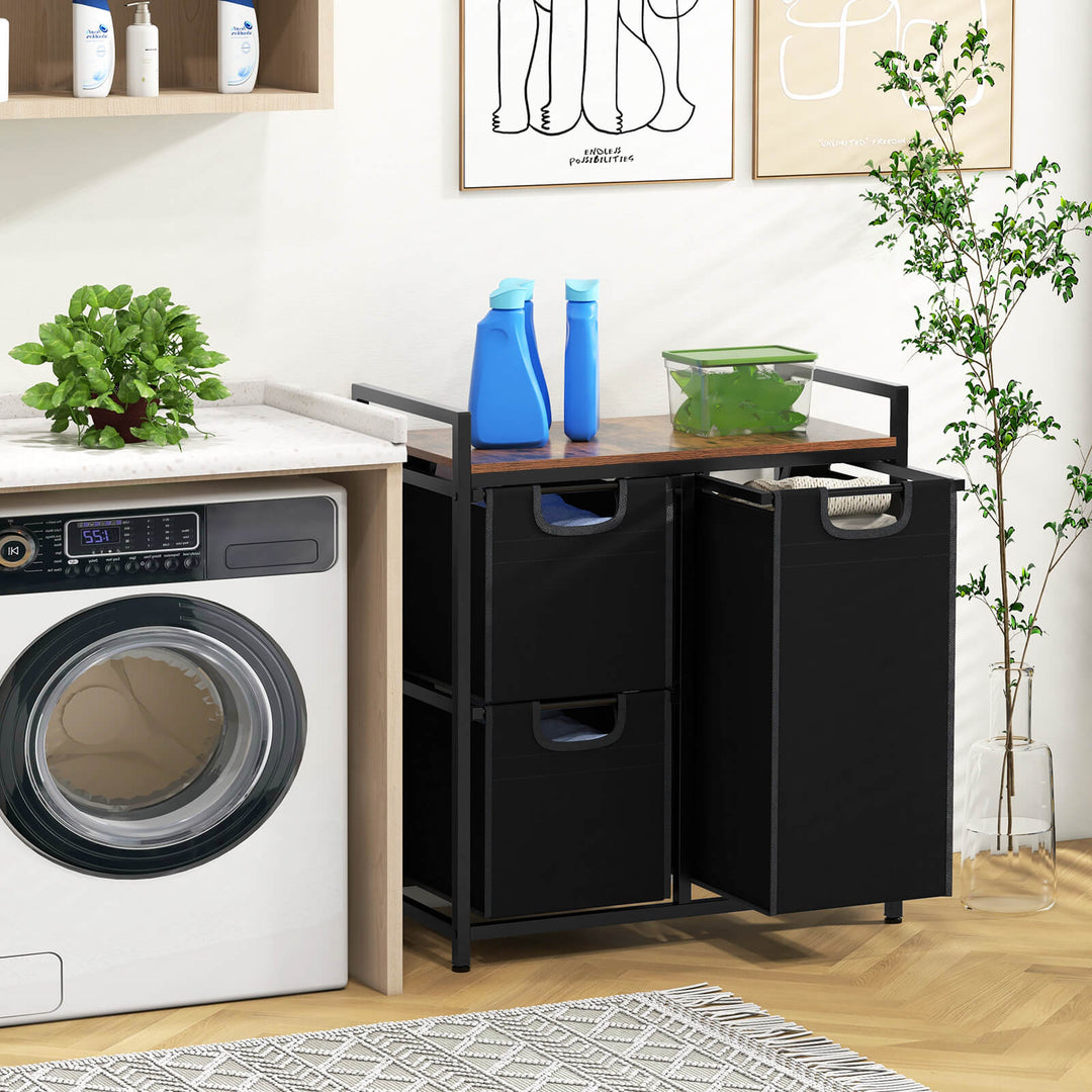 Freestanding Laundry Hamper Laundry Basket with 3 Pull-Out Bags-Black & Brown - TidySpaces