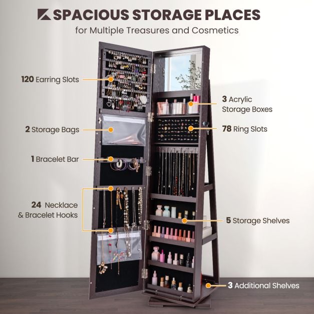 Full Length Mirrored Jewellery Cabinet Rotates 360° with Display Shelves - TidySpaces