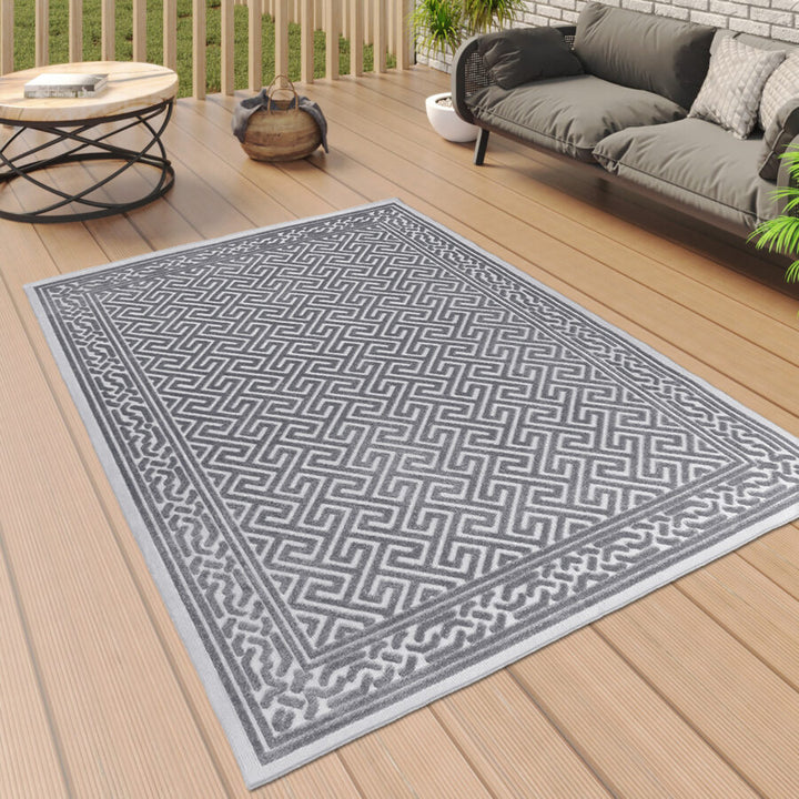 Outdoor Rug Grey Greek Key Border Grey - TidySpaces