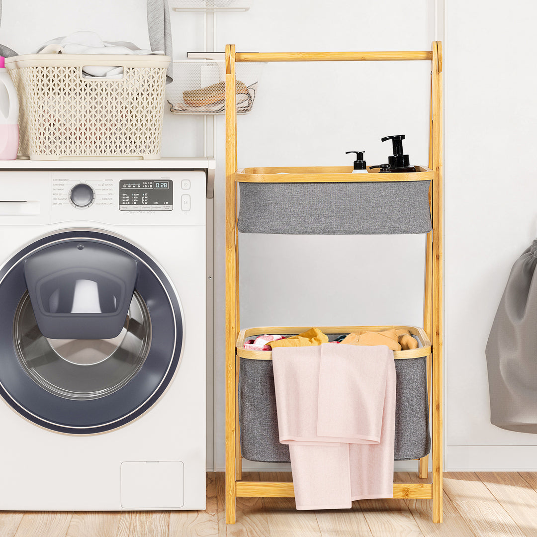 Bamboo Laundry Basket with Fabric Storage Bins-Natural - TidySpaces