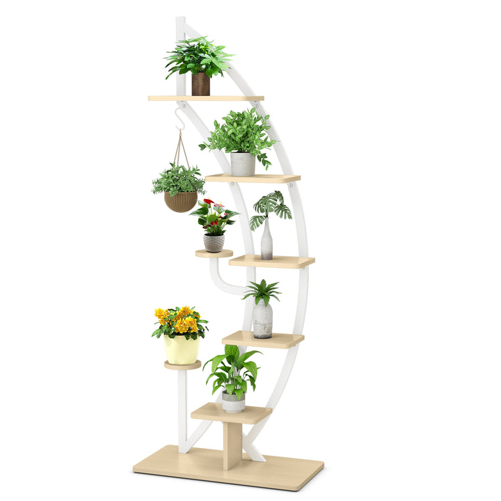 8 Tier Tall Wooden Curved Half Moo Shape Plant Stand with Top Hook White - TidySpaces