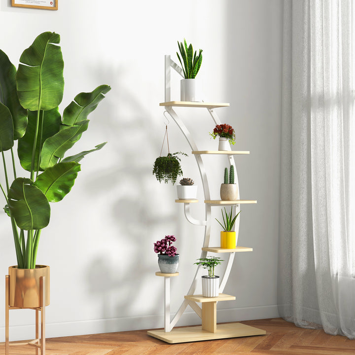 8 Tier Tall Wooden Curved Half Moo Shape Plant Stand with Top Hook - TidySpaces