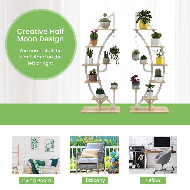 8 Tier Tall Wooden Curved Half Moo Shape Plant Stand with Top Hook - TidySpaces