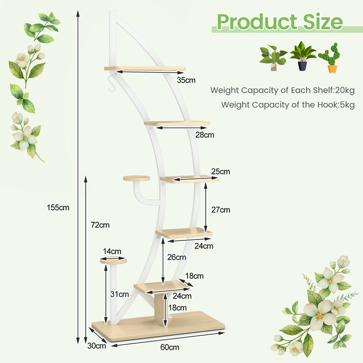 8 Tier Tall Wooden Curved Half Moo Shape Plant Stand with Top Hook - TidySpaces