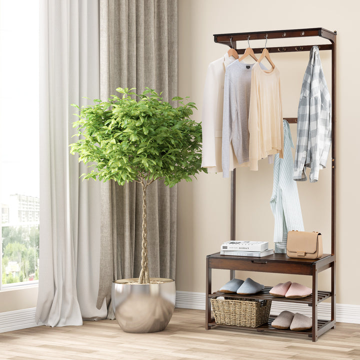 Entryway Storage Organizer with 10 Hanging Hooks and 2 Tier Shoe Shelves Coffee - TidySpaces
