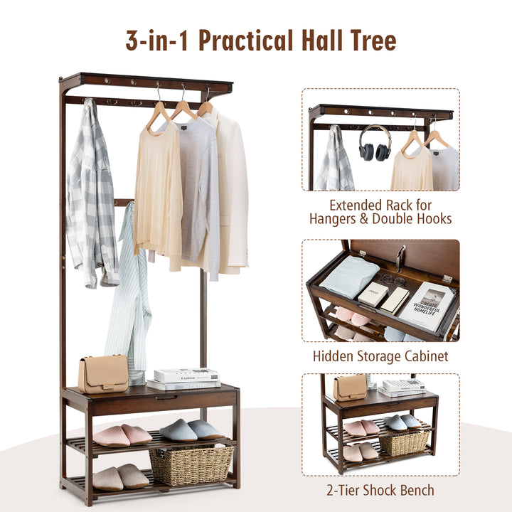 Entryway Storage Organizer with 10 Hanging Hooks and 2 Tier Shoe Shelves Coffee - TidySpaces