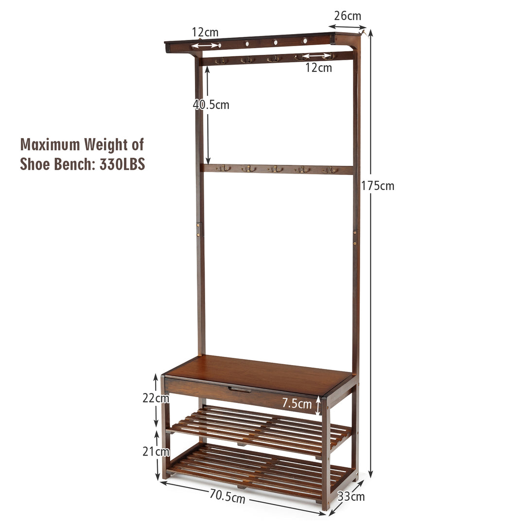Entryway Storage Organizer with 10 Hanging Hooks and 2 Tier Shoe Shelves Coffee - TidySpaces
