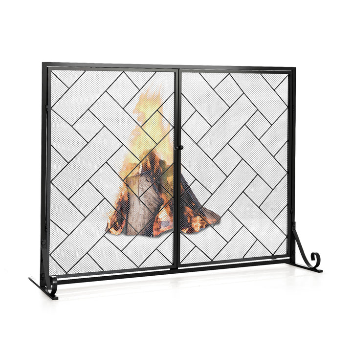 2 Panel Mesh Fireplace Screen with Double Magnetic Doors Black - TidySpaces