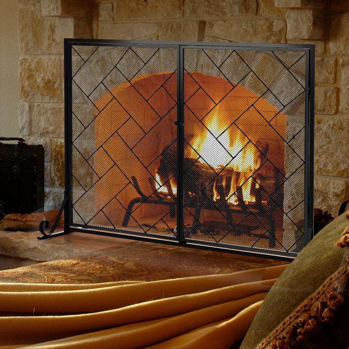 2 Panel Mesh Fireplace Screen with Double Magnetic Doors - TidySpaces