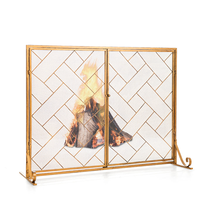 2 Panel Mesh Fireplace Screen with Double Magnetic Doors Golden - TidySpaces