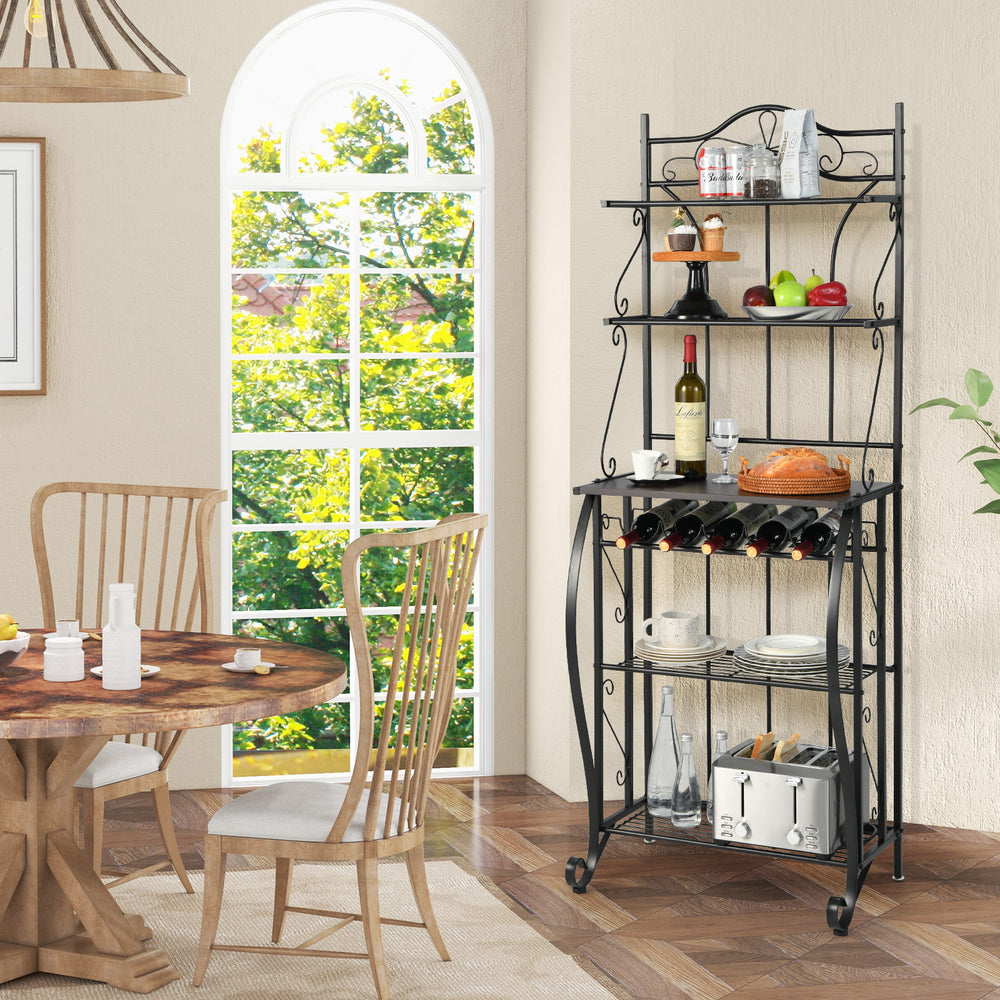 5-Tier Freestanding Baker's Rack with Wine Rack and Adjustable Foot Pads - TidySpaces