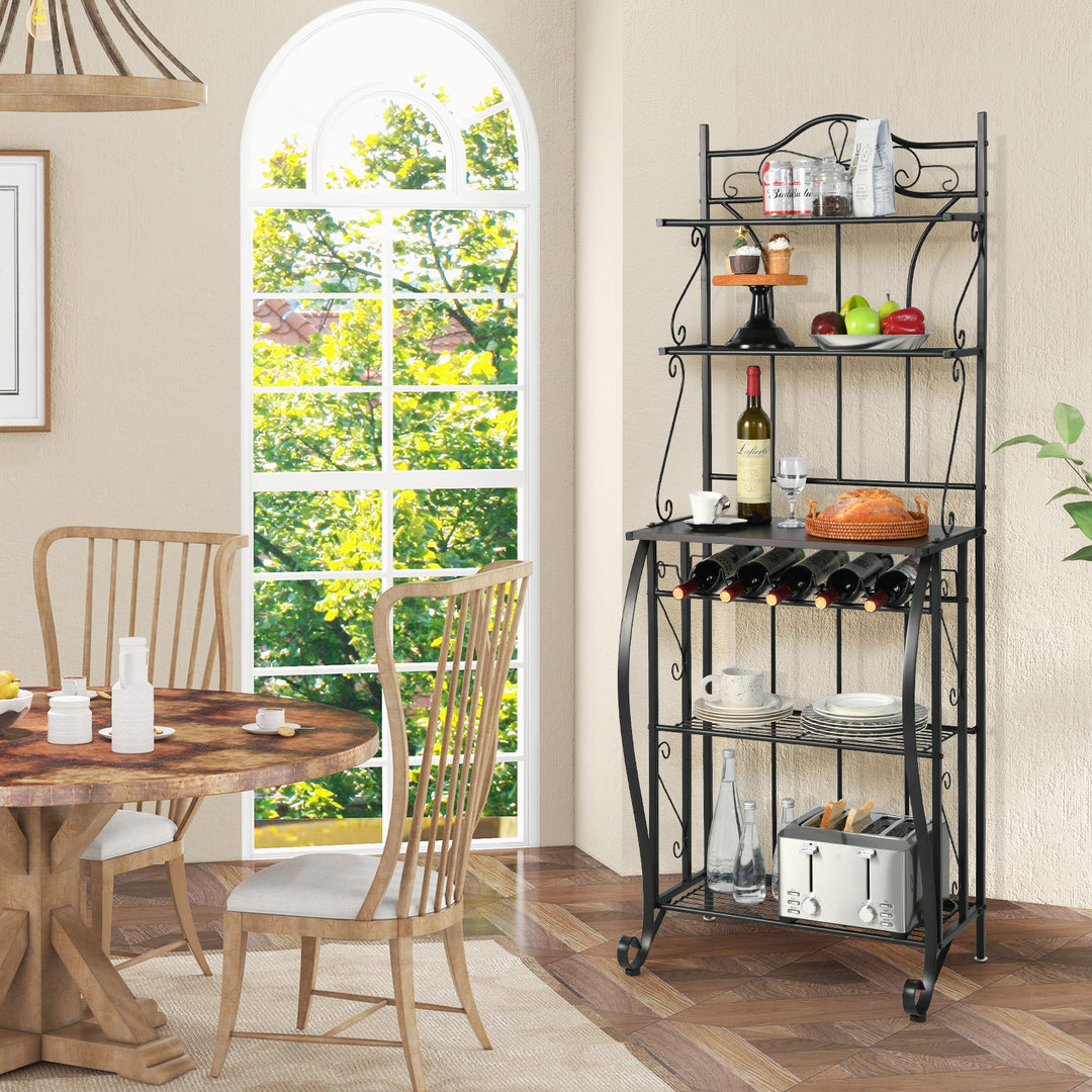 5-Tier Freestanding Baker's Rack with Wine Rack and Adjustable Foot Pads - TidySpaces