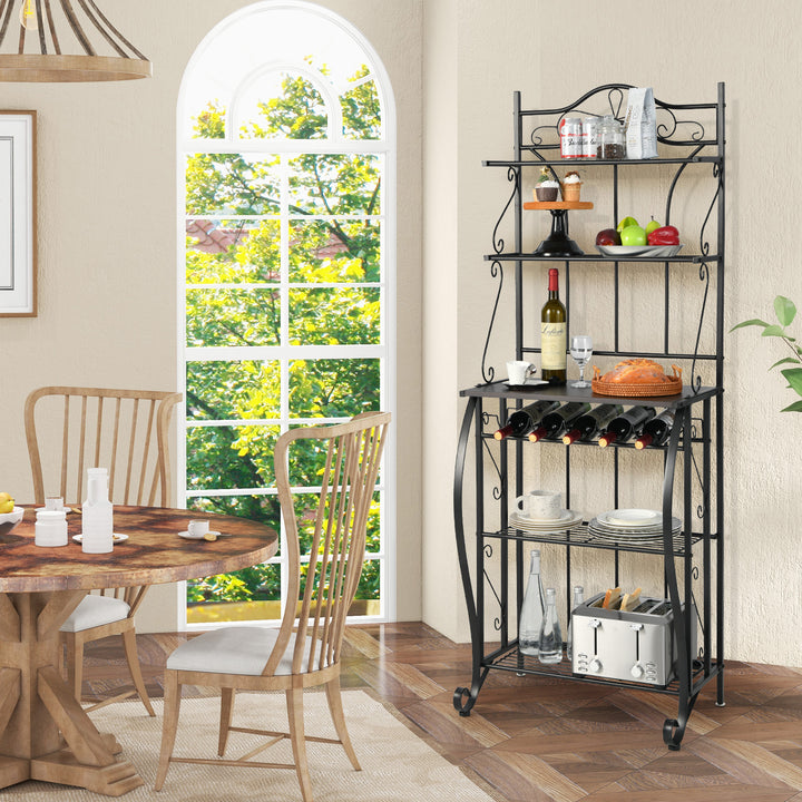 5-Tier Freestanding Baker's Rack with Wine Rack and Adjustable Foot Pads - TidySpaces