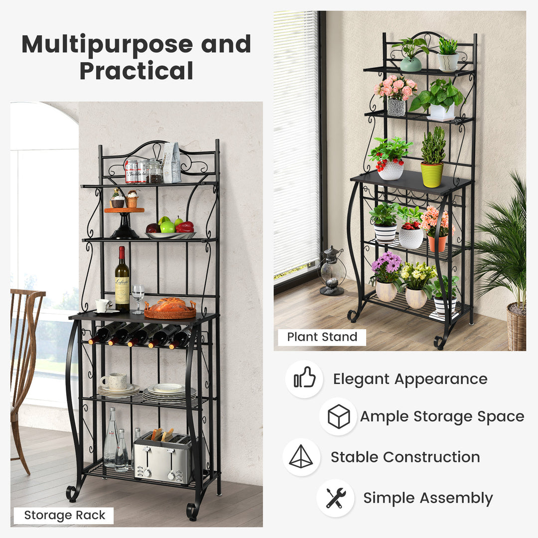 5-Tier Freestanding Baker's Rack with Wine Rack and Adjustable Foot Pads - TidySpaces