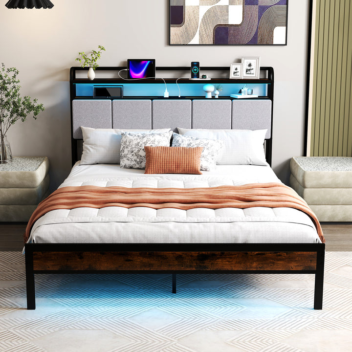 Bed Frame with LED Light and Charging Station - TidySpaces