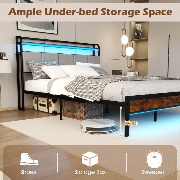 Bed Frame with LED Light and Charging Station for Multiple Sizes