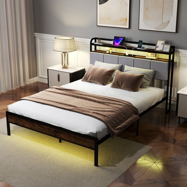 Bed Frame with LED Light and Charging Station for Multiple Sizes