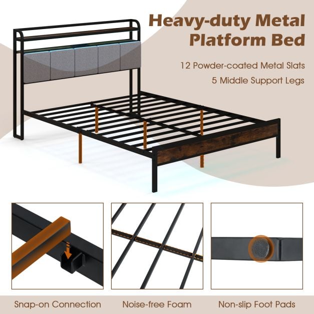 Bed Frame with LED Light and Charging Station for Multiple Sizes