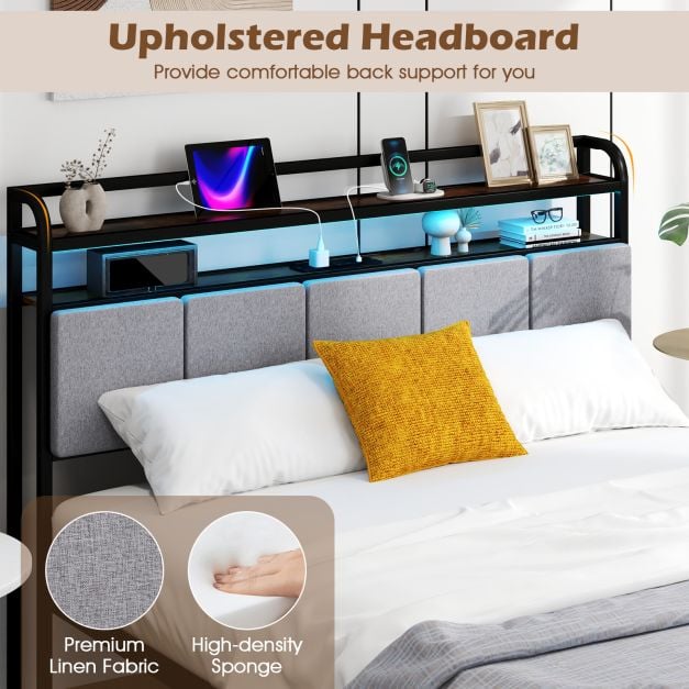 Bed Frame with LED Light and Charging Station for Multiple Sizes