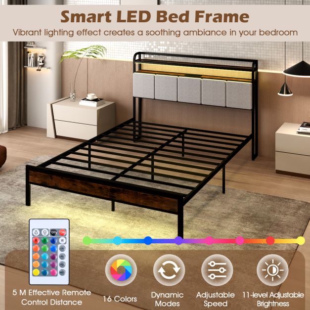 Bed Frame with LED Light and Charging Station for Multiple Sizes