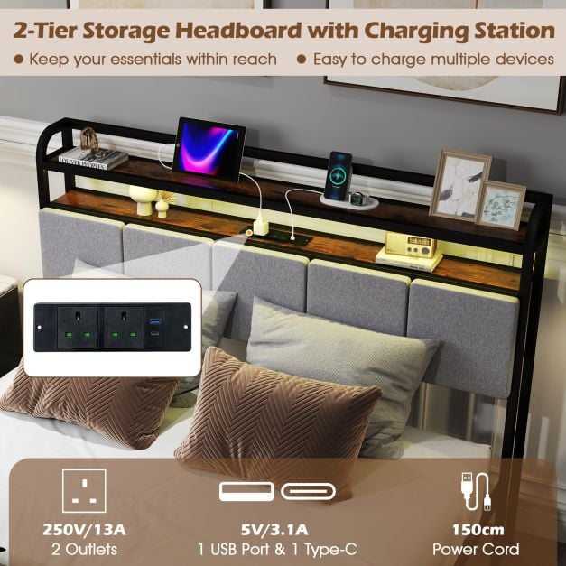 Bed Frame with LED Light and Charging Station for Multiple Sizes