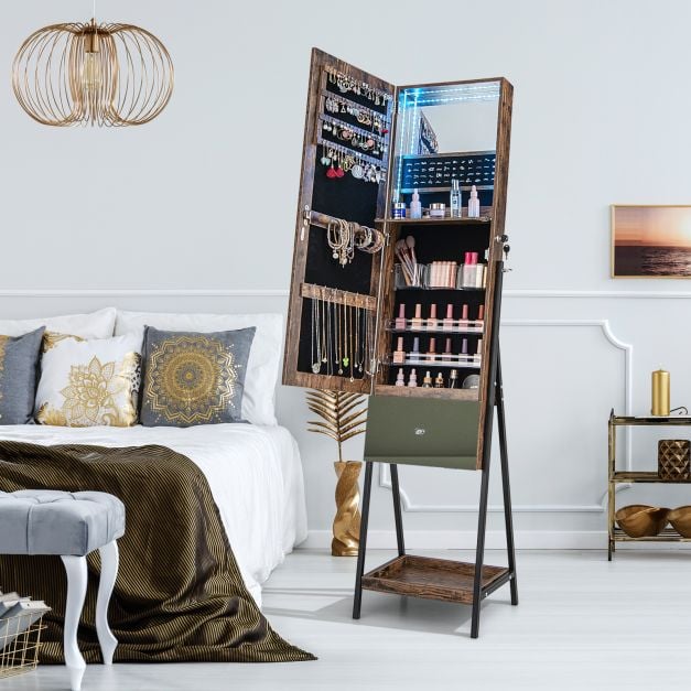 Lockable Freestanding Jewellery Cabinet Armoire with Full-Length Frameless Mirror - TidySpaces