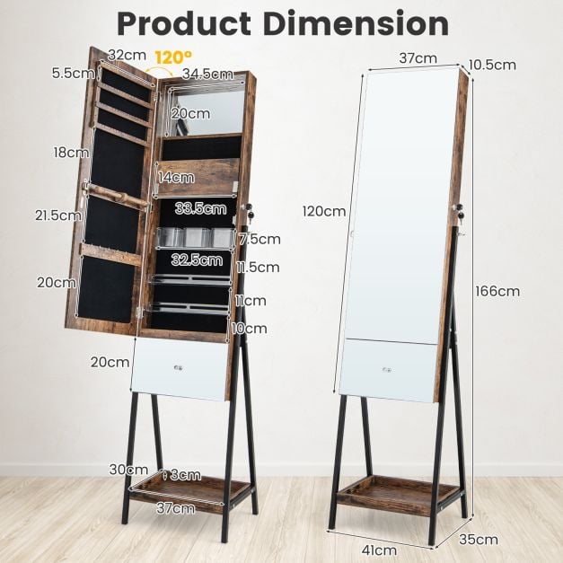 Lockable Freestanding Jewellery Cabinet Armoire with Full-Length Frameless Mirror - TidySpaces