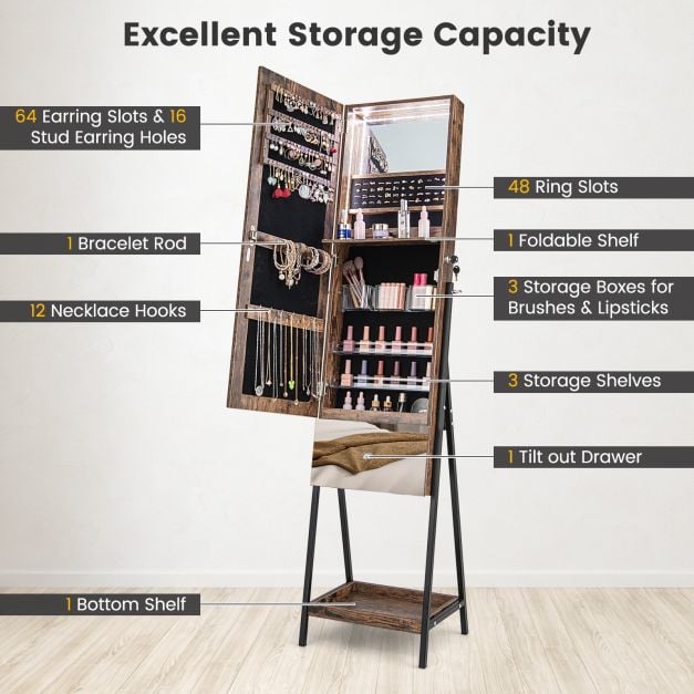 Lockable Freestanding Jewellery Cabinet Armoire with Full-Length Frameless Mirror - TidySpaces