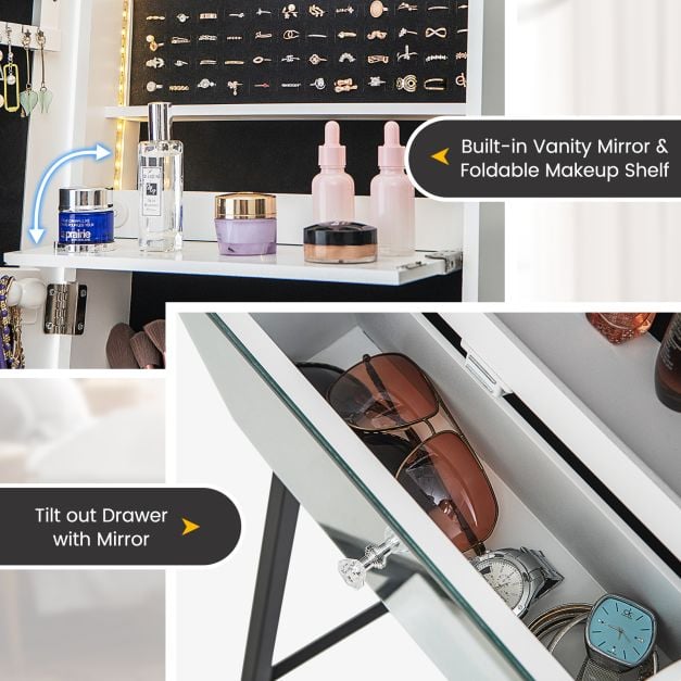 Lockable Freestanding Jewellery Cabinet Armoire with Full-Length Frameless Mirror - TidySpaces