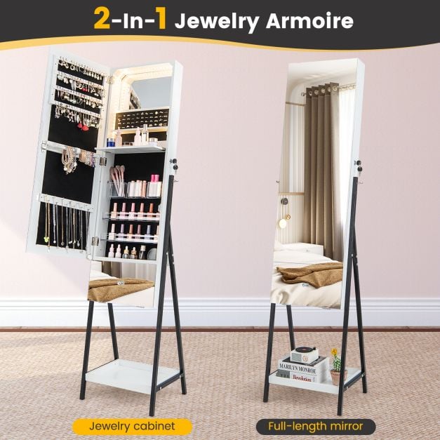 Lockable Freestanding Jewellery Cabinet Armoire with Full-Length Frameless Mirror - TidySpaces