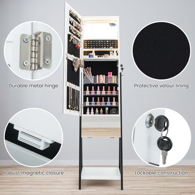 Lockable Freestanding Jewellery Cabinet Armoire with Full-Length Frameless Mirror - TidySpaces