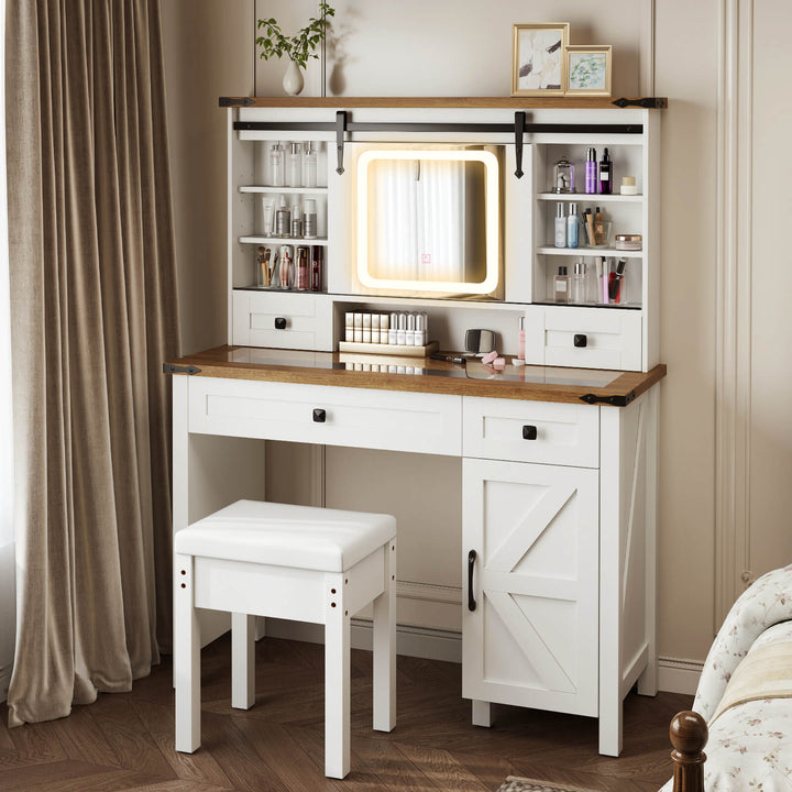 Makeup Vanity Desk and Stool Set with Sliding Mirror and Cabinet-White - TidySpaces